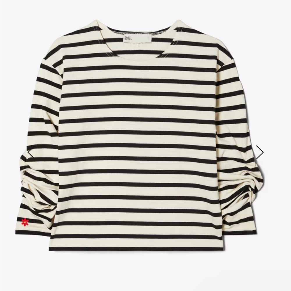 Tory Burch Cream and Black Cuffed Sleeve Boxy Tee
